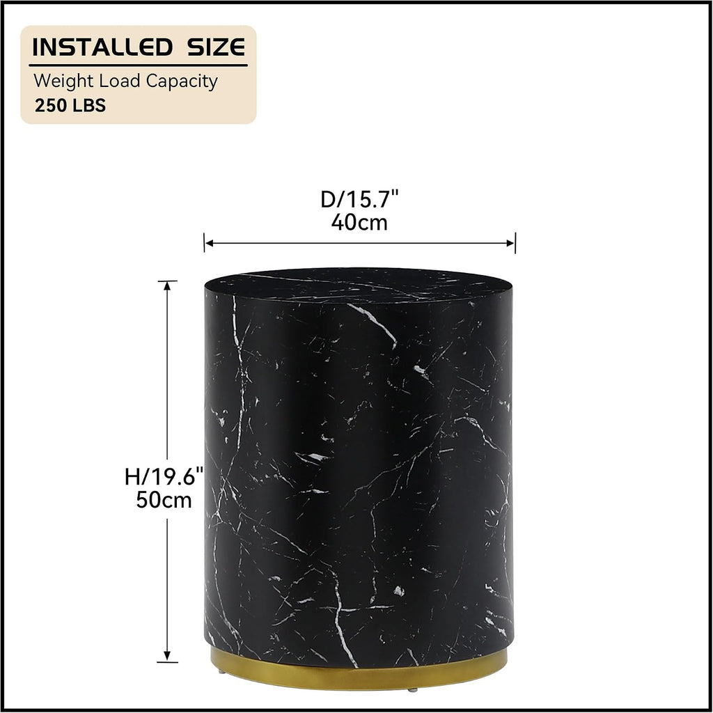 WILLIAMSPACE Wood End Table with Gold Rim Bottom & Marble Texture, Round Side Table for Small Spaces, Nightstand Sofa Table for Living Room Bedroom, ø15.75' * 19.69'H (Black)