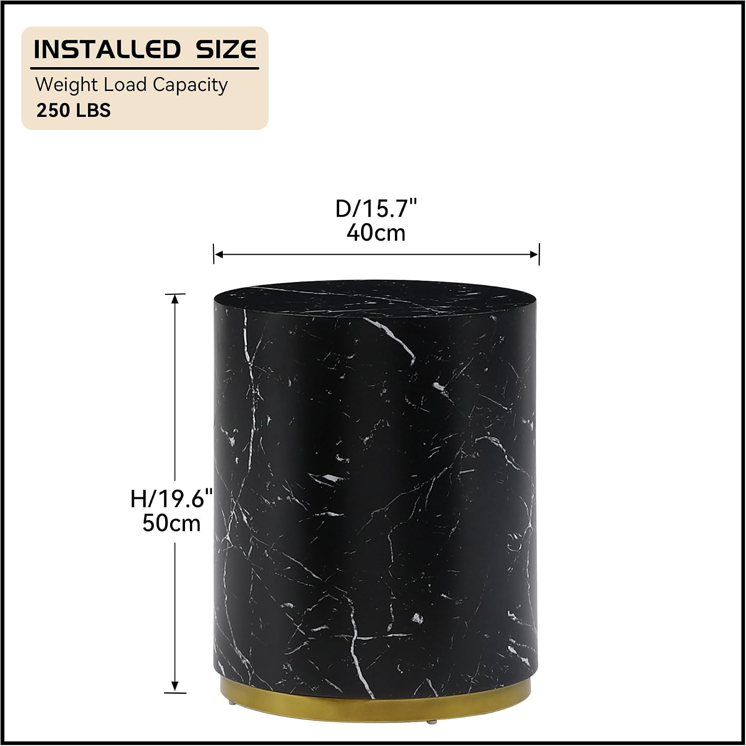 WILLIAMSPACE Wood End Table with Gold Rim Bottom & Marble Texture, Round Side Table for Small Spaces, Nightstand Sofa Table for Living Room Bedroom, ø15.75' * 19.69'H (Black)