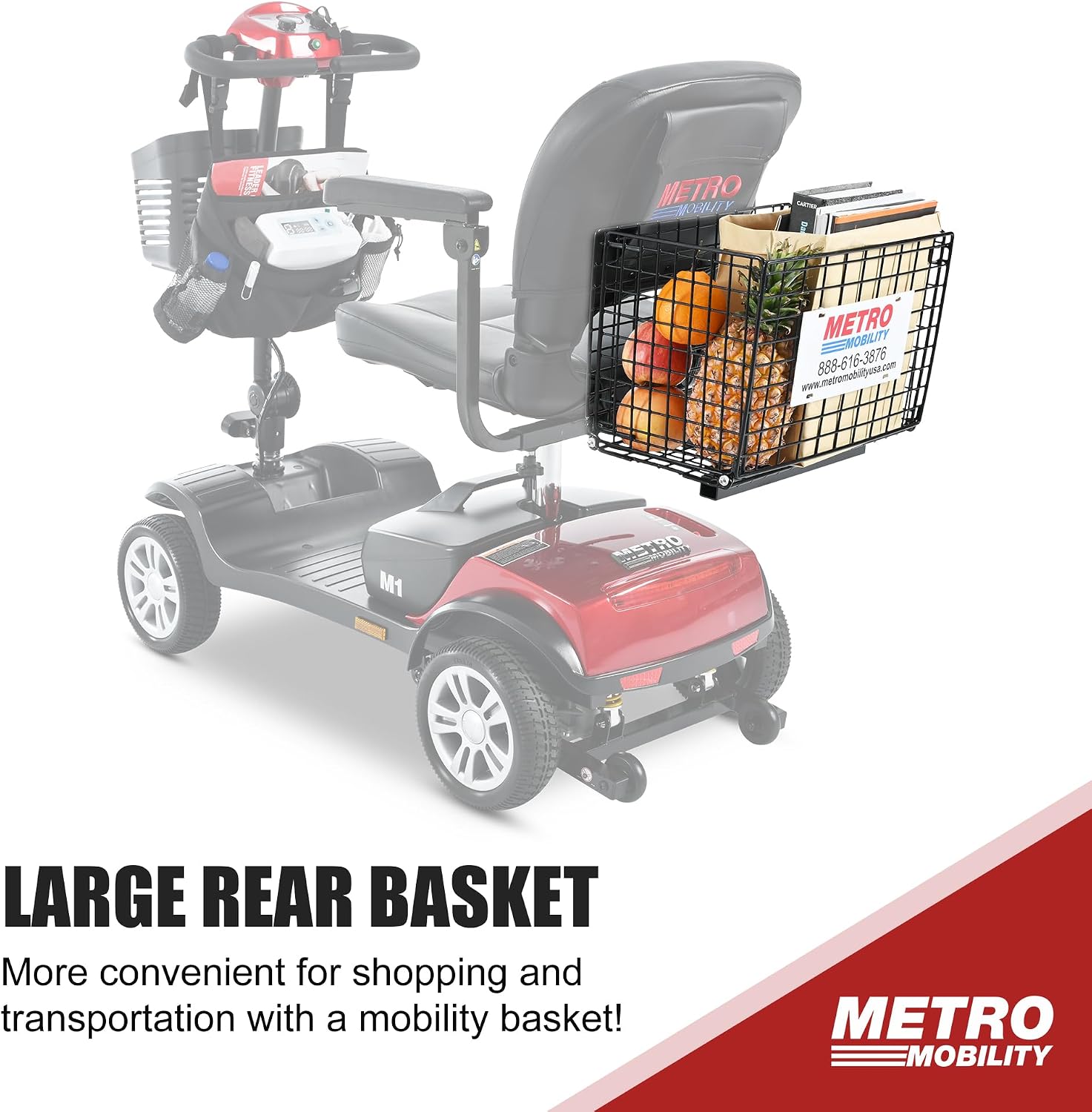 Metro Mobility 4 Wheel Foldable Mobility Scooter for Adults - 300 lbs Capacity Electric Mobility Scooters for Seniors, Travel - Long Range Power Extended Battery with Charger and Basket - Red