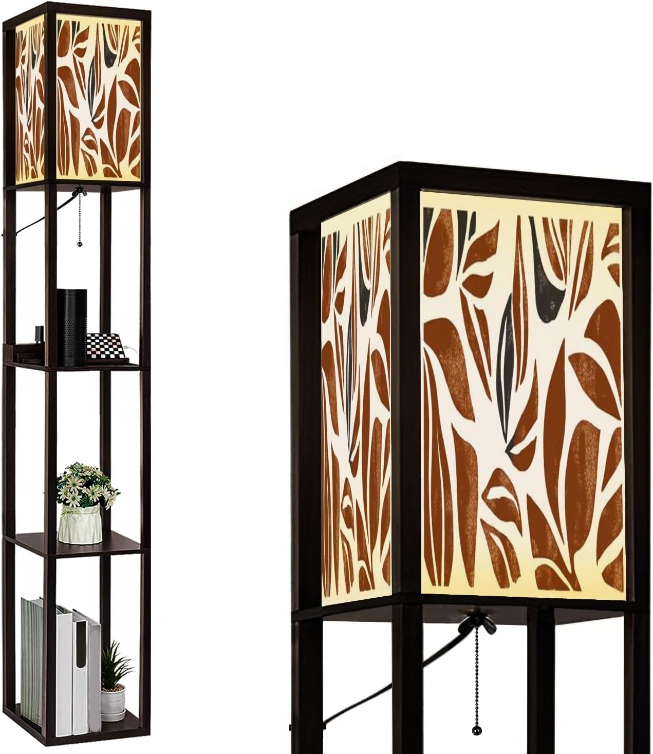 Floor Lamp with Shelves Hand drawn minimal abstract autumn pattern Collage contemporary print Standing Tall Lamp USB Ports & Power Outlet Modern Corner Lamp Nightstand Light for Living Room Bedroom