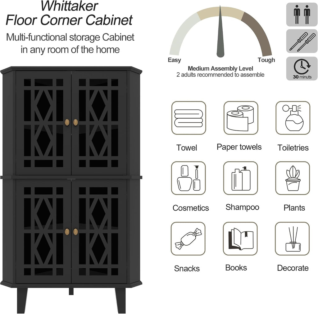 Scurrty Tall Corner Shelf Stand, Large Shelf Corner Table Sideboard Cabinet with 4 Doors and 4-Tier Shelves, Free-Standing Storage Organizer for Living Room, Dining Room & Bathroom (Black)