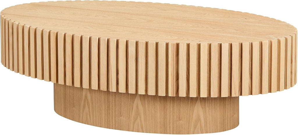 Oak Oval Modern Coffee Table for Living Room, Contemporary Circle Fluted Drum, Easy Assembly, Wood (43.7'' x 24.8'' x 13.38'')