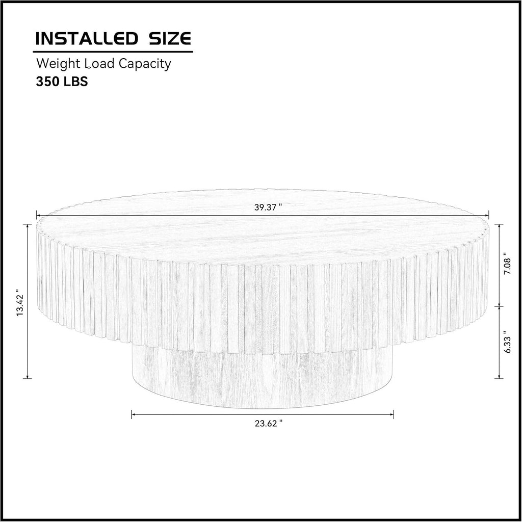 JUSTONE 39.4' Black Round Coffee Table for Living Room - Modern Farmhouse Walnut Drum Center Table with Artisanal Carved Detailing, No Assembly(39.4' Diameter x 13.4' Height)