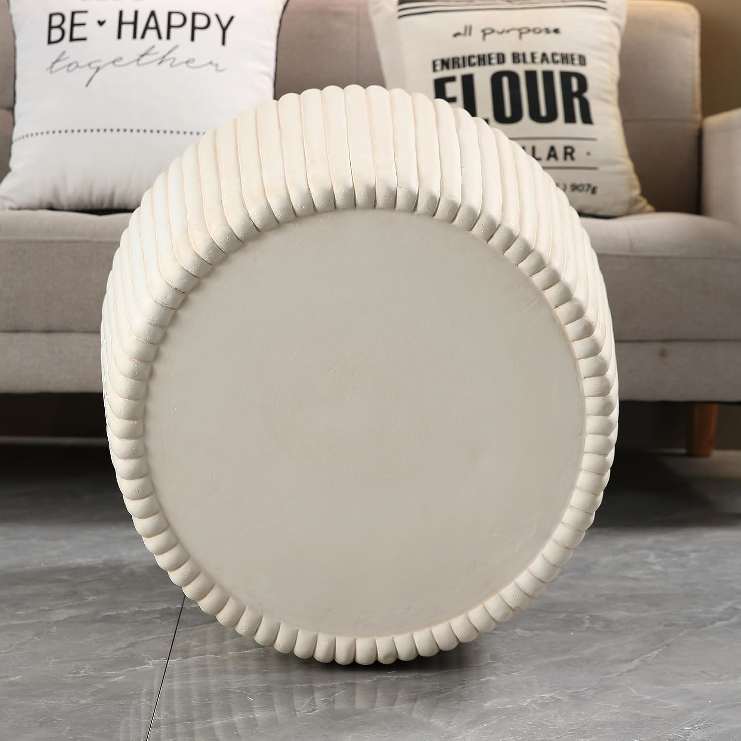 Off-White MGO Round Coffee Table for Indoors and Outdoors, 19.69' Mid-Century Modern Magnesium Oxide Fluted Drum Coffee Table, Circle Cocktail Tea Table for Living Room, No Assemble