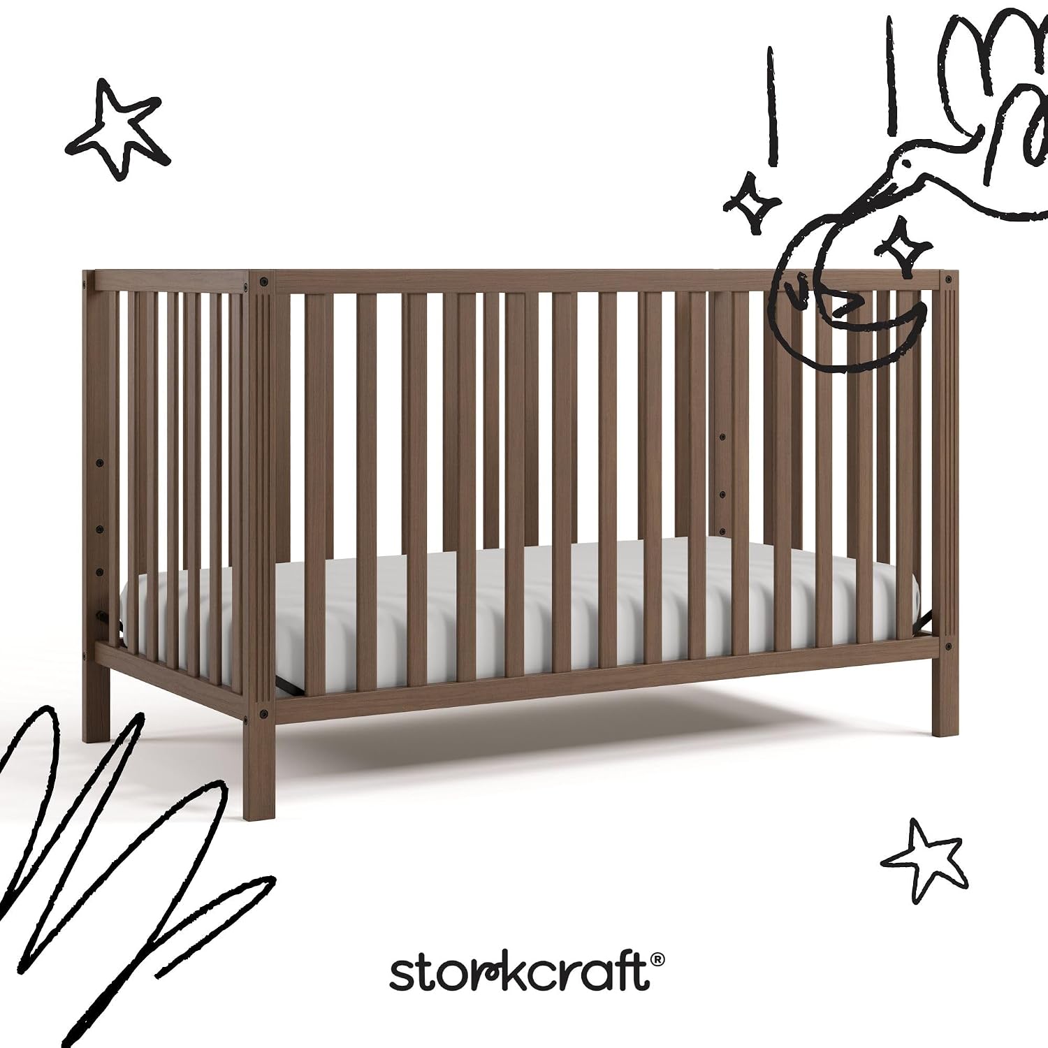 Storkcraft Morningside 5-in-1 Convertible Crib – GREENGUARD Gold Certified, Fits Standard Crib Mattress, Converts to Toddler Bed, Daybed and Full Bed, 4 Adjustable Mattress Heights (Hazelnut)