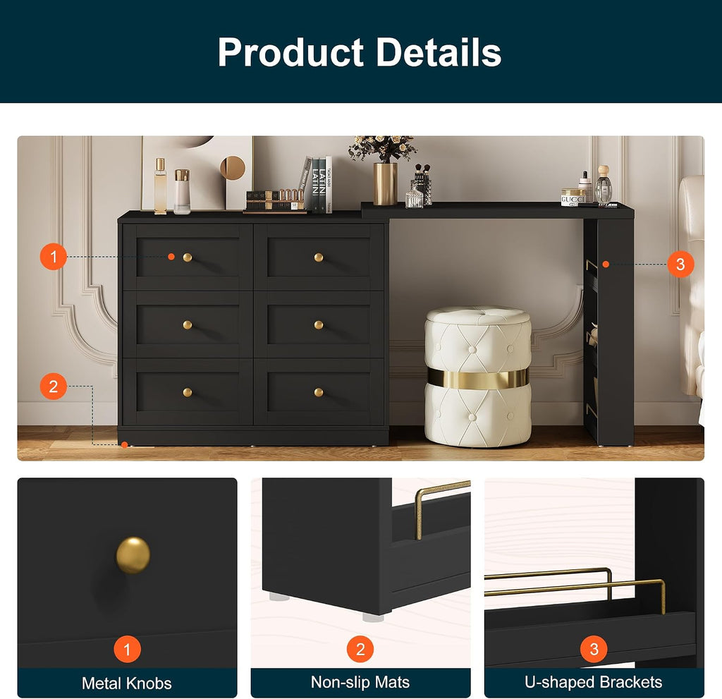 RoyalCraft Vanity Desk and Dresser Combo, 67' Extendable Big Makeup Vainty with 6 Drawer Dresser and 3 Side Shelves, Wood Corner Vanity for Bedroom, Dressing Table for Women Girlfriend, Black