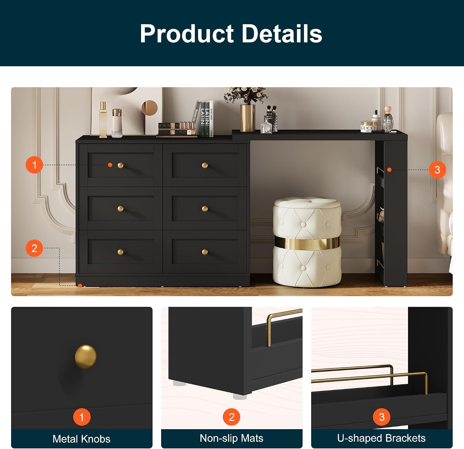 RoyalCraft Vanity Desk and Dresser Combo, 67' Extendable Big Makeup Vainty with 6 Drawer Dresser and 3 Side Shelves, Wood Corner Vanity for Bedroom, Dressing Table for Women Girlfriend, Black