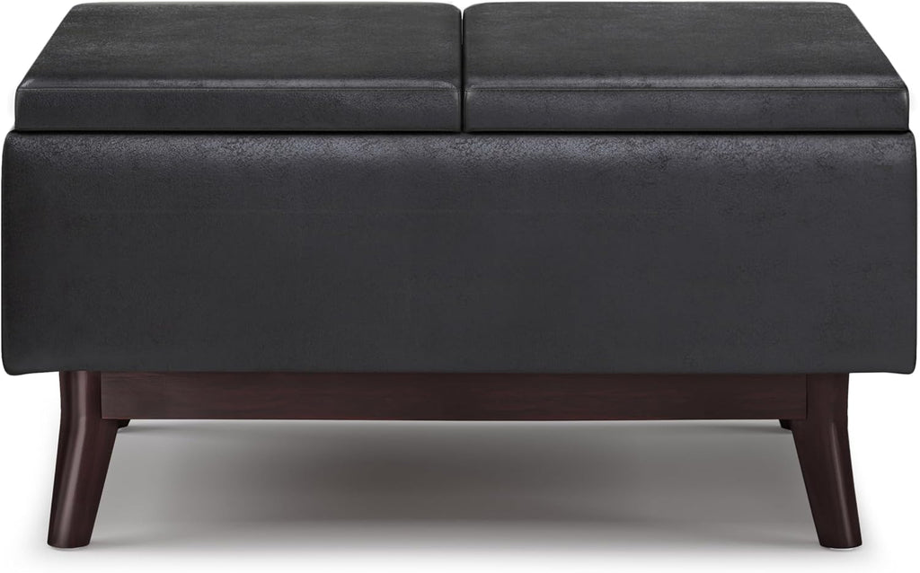 SIMPLIHOME Owen Tray Top Small Coffee Table Storage Ottoman - 34 inch Wide Upholstered Vegan Leather Rectangular Flip-Top Ottoman in Distressed Black, Mid-Century Ottoman for Living Room