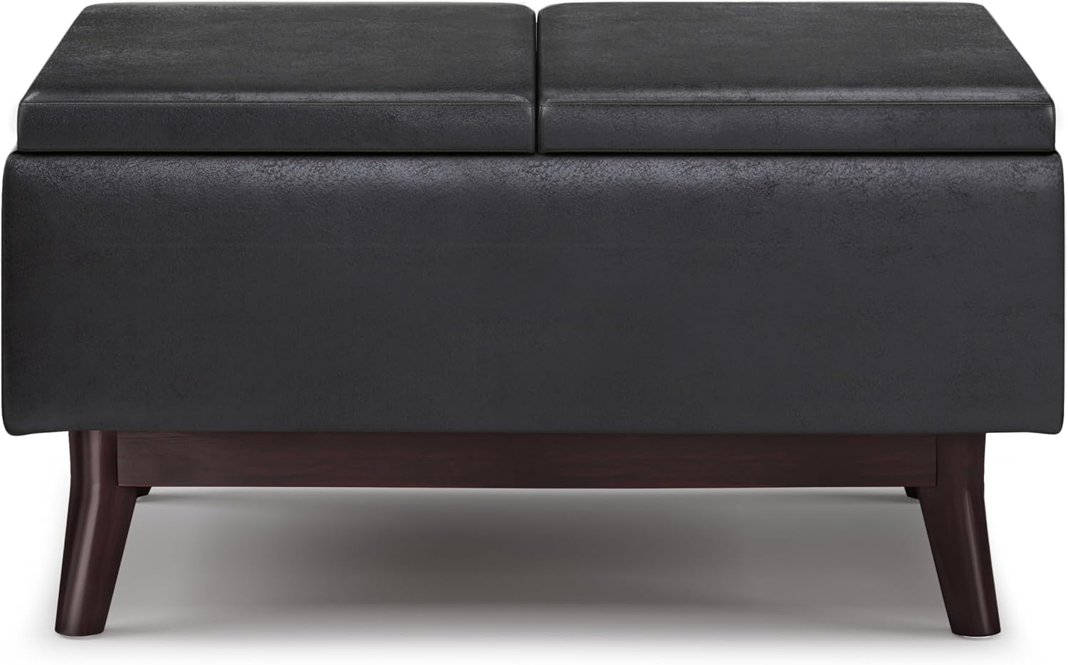 SIMPLIHOME Owen Tray Top Small Coffee Table Storage Ottoman - 34 inch Wide Upholstered Vegan Leather Rectangular Flip-Top Ottoman in Distressed Black, Mid-Century Ottoman for Living Room