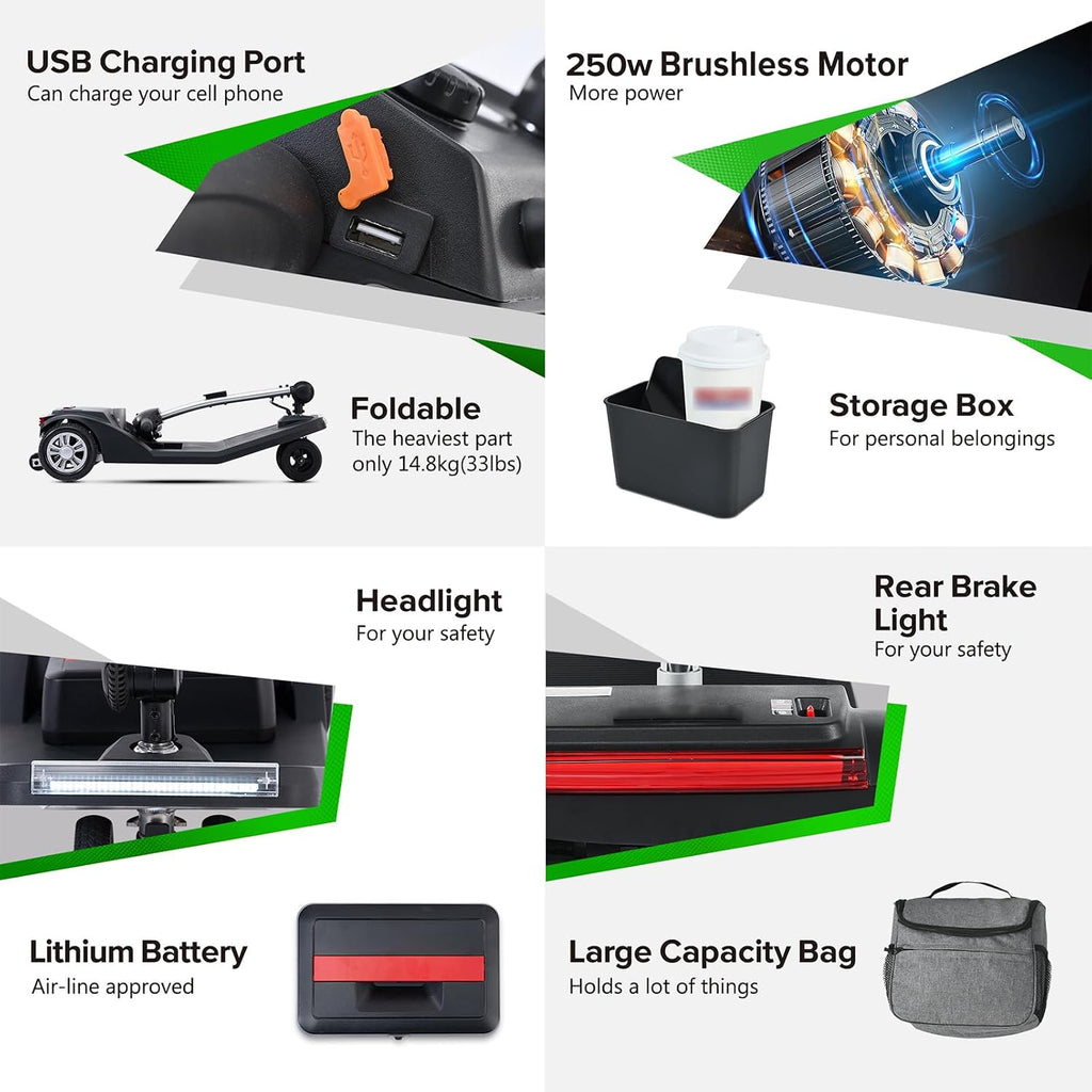 Mobility Scooters for Seniors & Adults 350 Lb Weight All Terrain,Lightweight 4-Wheel Powered Mobile Scooter,Foldable Disability Electric Wheelchair,Luxury Seat,w/Led Lights,15Miles,5MPH,Black