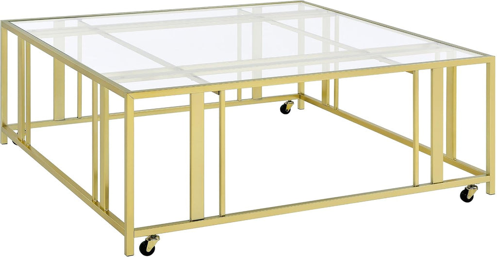 Coaster Home Furnishings - Adri - Square Glass Top Coffee Table with Geometric Base and Mobile with Rolling Casters - Contemporary - Living Room - Matte Brass - 710188