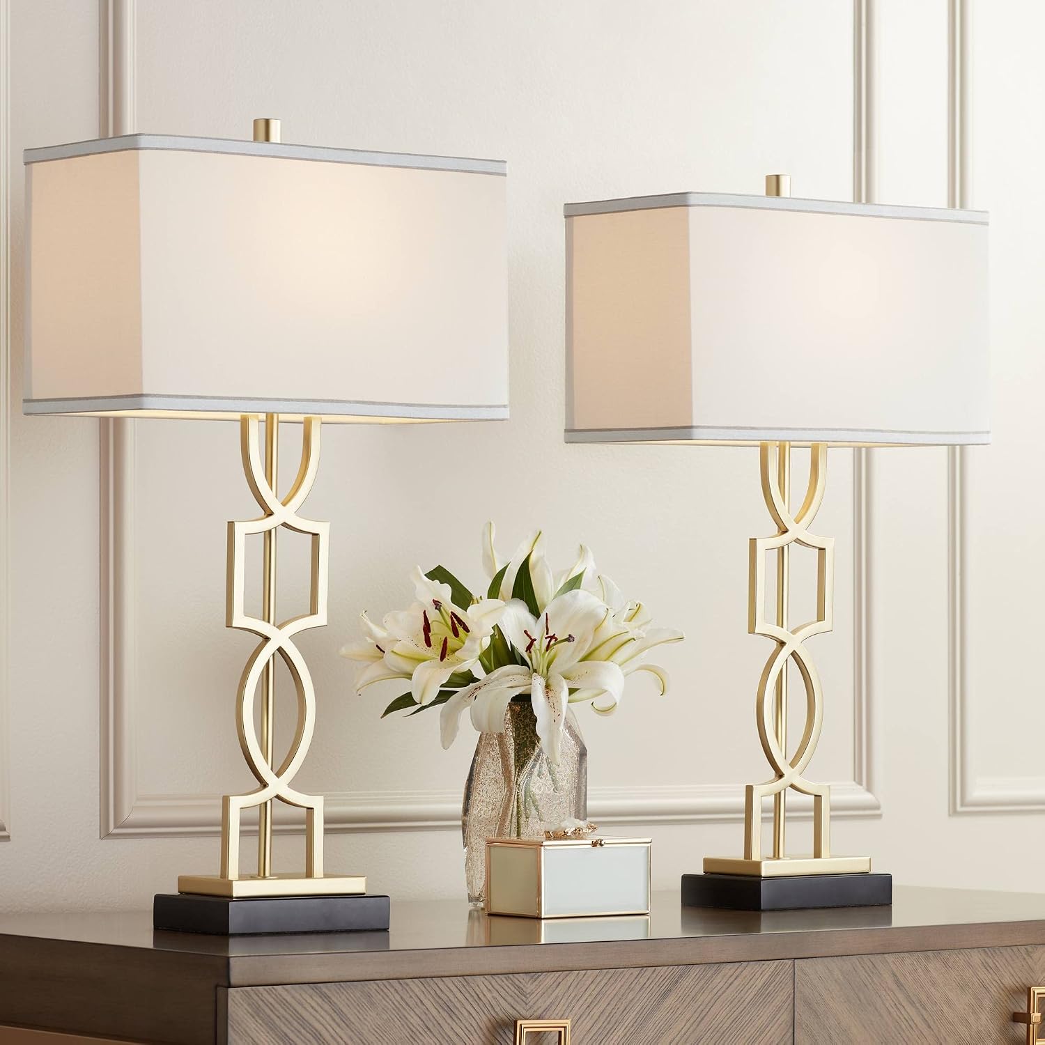 360 Lighting Evan Modern Table Lamps 28 1/4' Tall Set of 2 Gold Metal Geometric Frame White Curved Rectangular Shade for Living Room Bedroom House Bedside Nightstand Home Office Family
