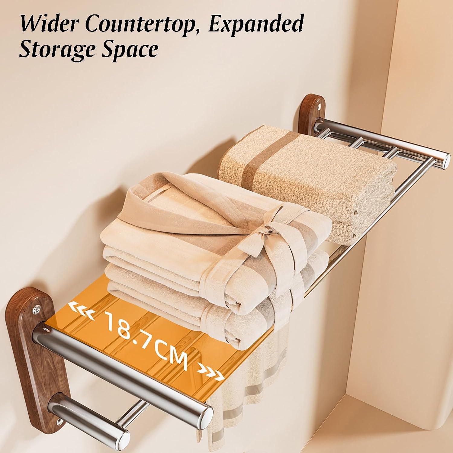 Stainless Steel+Solid Wood Towel Rack,Double Layer Bar Wall Mounted,Two Installation Methods,Bathroom Accessories,for Bedroom Bathroom Kitchen(17x18.7x50cm)