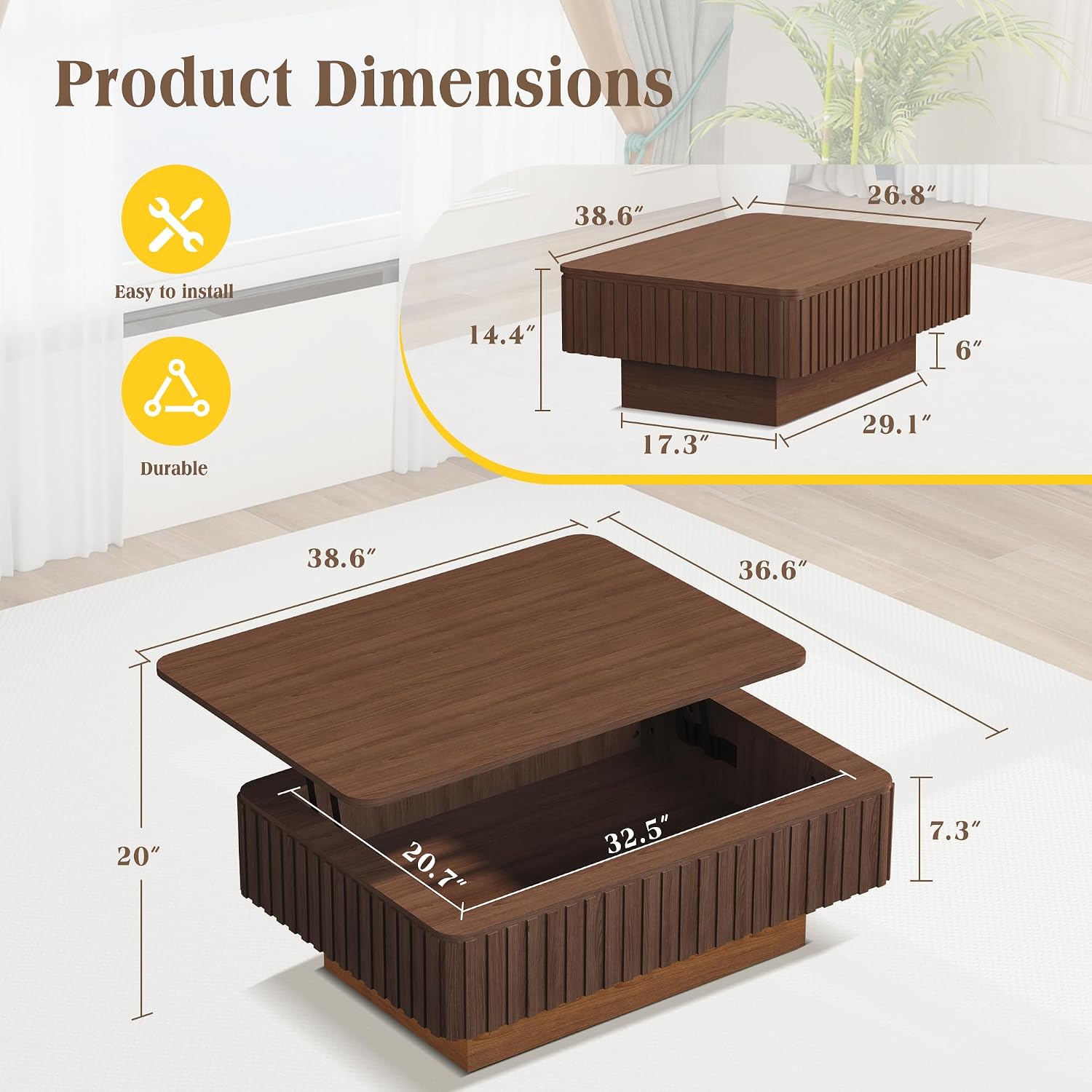 MAGIC UNION 38.6' Fluted Lift Top Coffee Table with Storage, Large Mid Century Modern Coffee Table with LED Lights & Charging Station, Center Table for Living Room, Home Office, Walnut