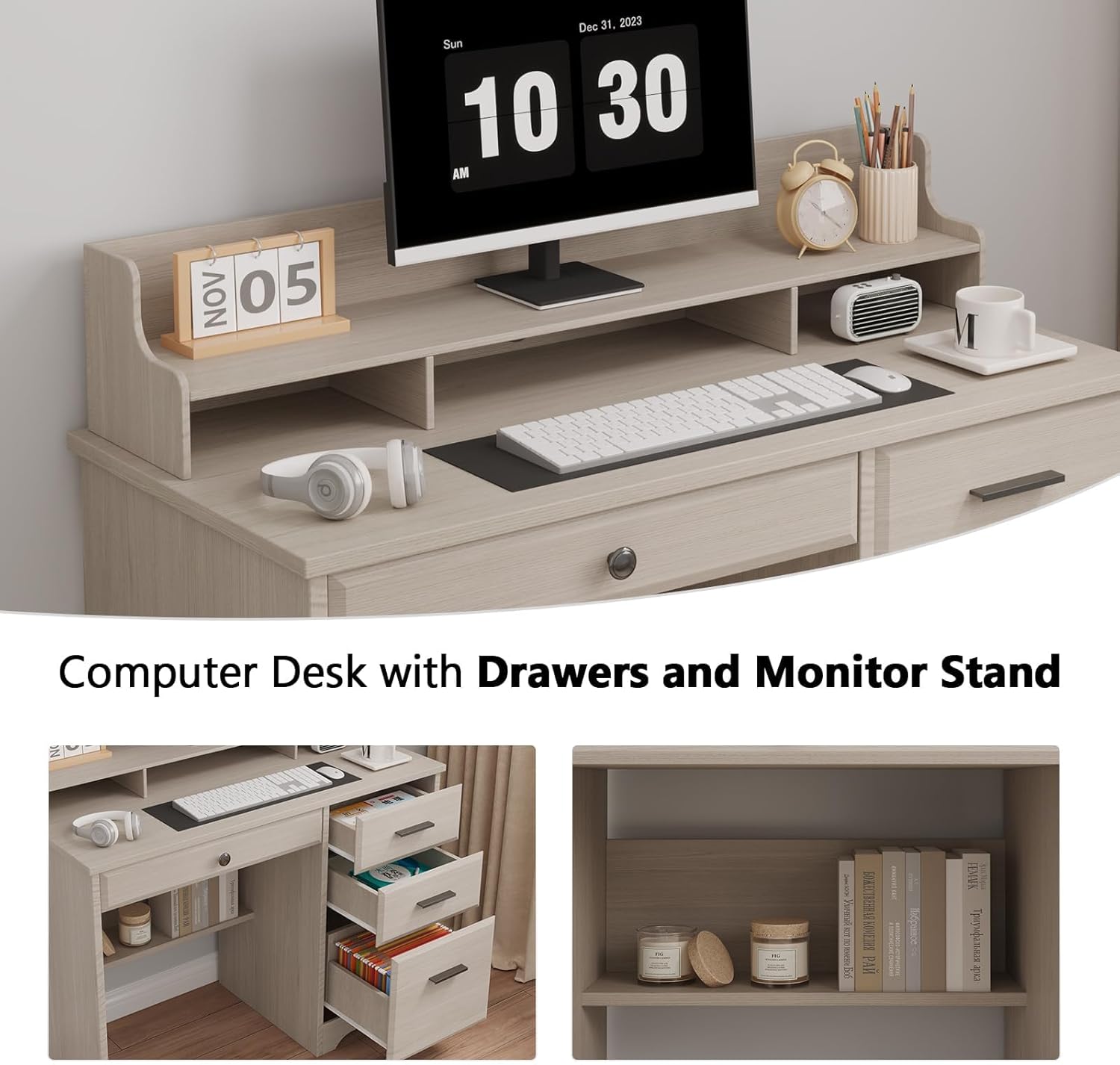 Small Desk with 4 Drawers, Computer Desk with Storage & Monitor Stand for Small Spaces, Office Desk with File Drawer & Shelves for Bedroom, Wood Writing Desk for Home Office, Milky White