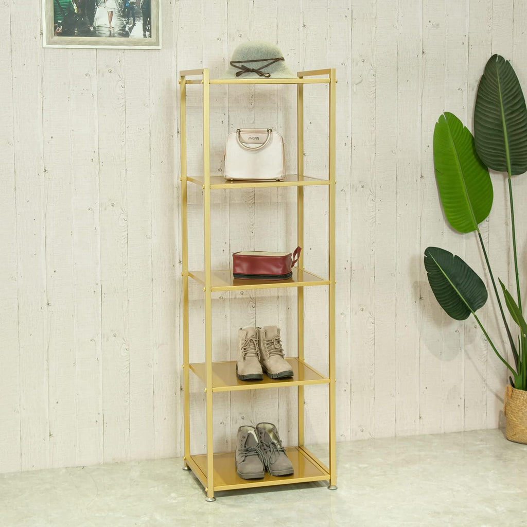ZIOTHUM Gold Shelf, Gold Bookcase, 5-Tier Bookshelf Shoe Purse Handbag Rack Shelving Unit Etagere Tall Narrow Metal Corner Shelf Boutique Display Storage Retail Commercial Stand(19.7x15.7x63)