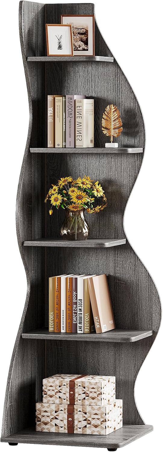 Tribesigns Wavy Corner Shelf Set of 2, Modern 5-Tier Bookshelf Etagere Bookcase with Curvy Shape, Unique Plant Stand Display Shelf for Living Room Small Space (Gray)