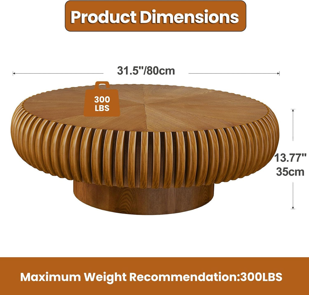 Round Drum Coffee Table with Sturdy Pedestal, Modern Wooden Fluted Coffee Table, Circle Center Table Accent Tea Table for Living Room Apartment Office Reception Room (Brown D31.5)