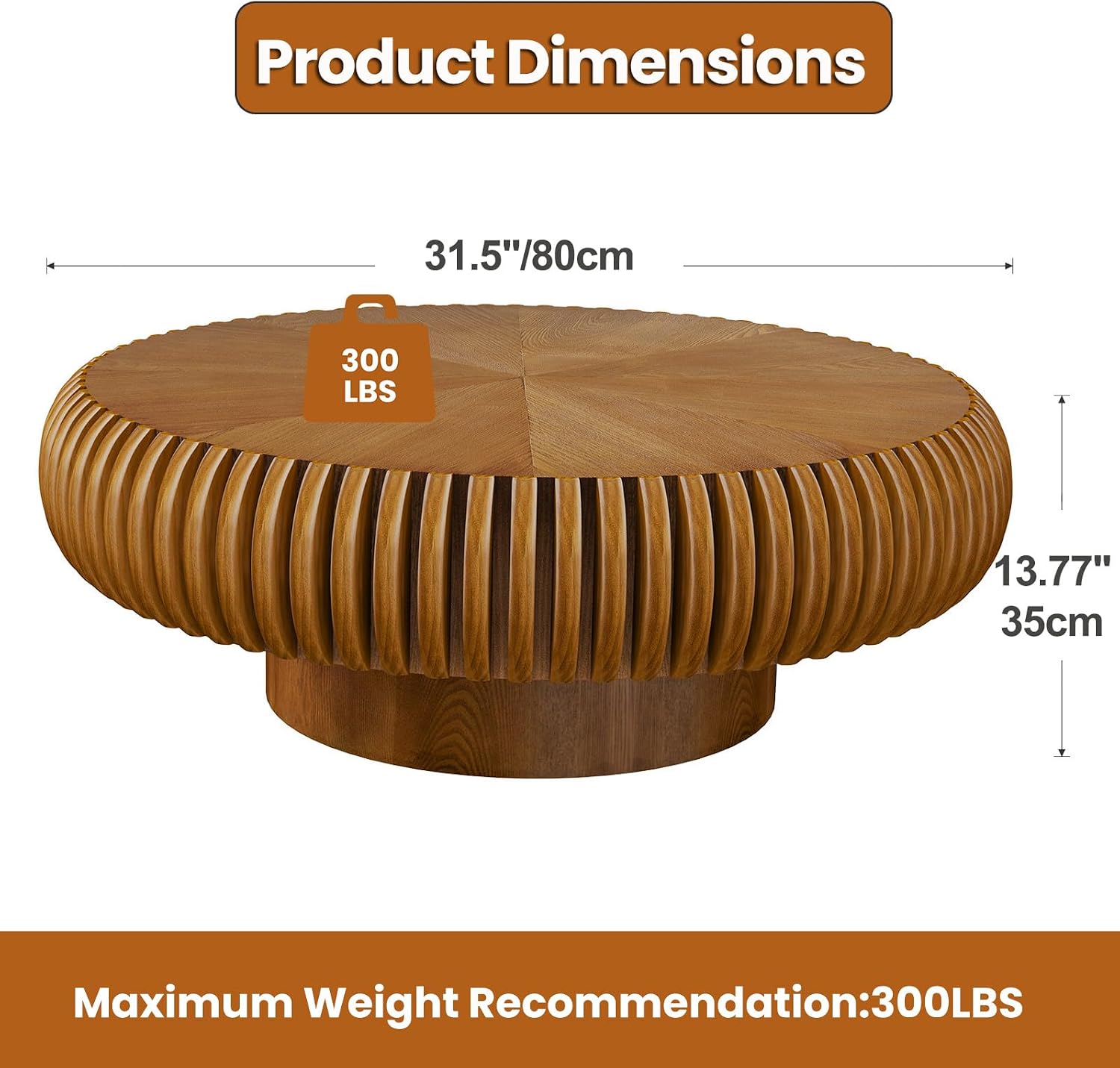 Round Drum Coffee Table with Sturdy Pedestal, Modern Wooden Fluted Coffee Table, Circle Center Table Accent Tea Table for Living Room Apartment Office Reception Room (Brown D31.5)