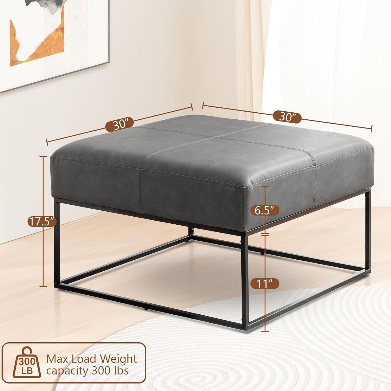 Modern Square Coffee Table, Farmhouse Ottoman for Living Room, Large Vintage Leather Coffee Tables with Leather Upholstered Padded Seat [Square, Vintage Gray, 30'']