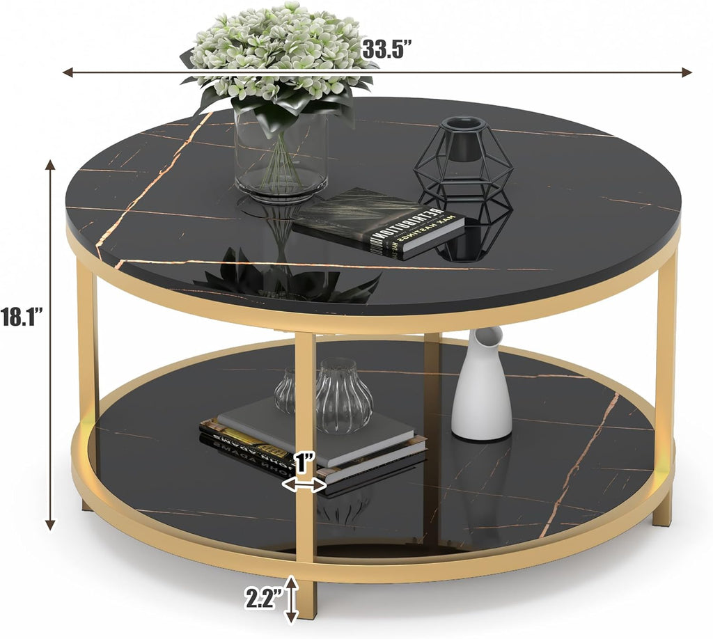 WiberWi Round Coffee Table 33.5' Coffee Tables for Living Room High Glossy Faux Balck Marble Top Modern Circle Table Sturdy Gold Metal Frame Legs Cocktail Table with Storage Open Shelf