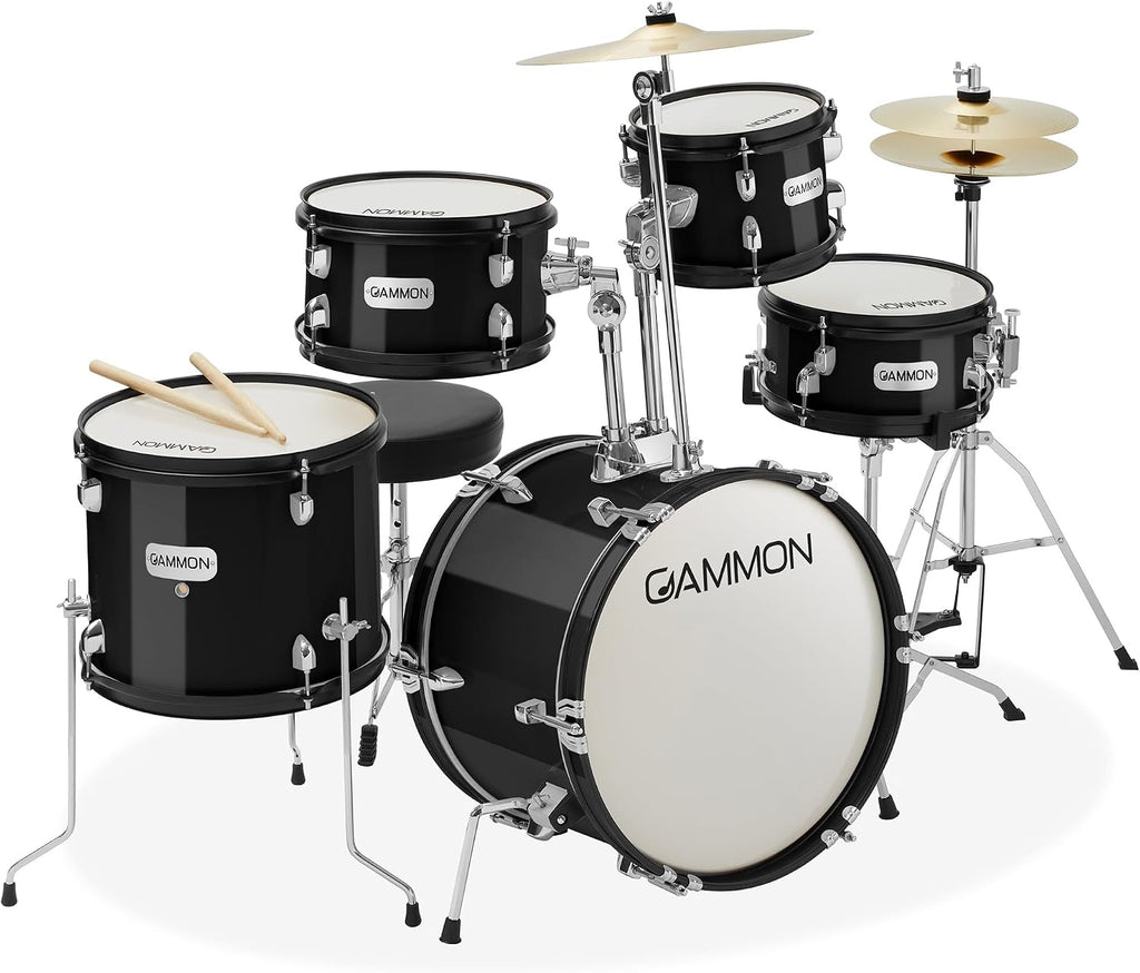 Gammon Percussion 5-Piece Junior Starter Drum Kit with Cymbals, Hardware, Sticks, & Throne - Black