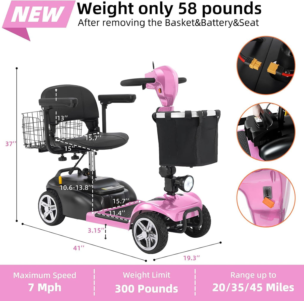 20 Miles 4 Wheels Mobility Scooter for Seniors/Adults Up to 300LBS,350W Electric Wheelchair Detachable Lithium Battery,Dual Baskets,Rotating Seat,with Taillight, USB Charging, Pink