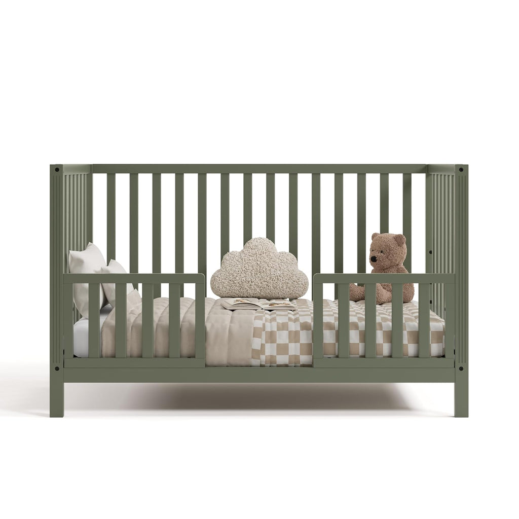 Storkcraft Morningside 5-in-1 Convertible Crib – GREENGUARD Gold Certified, Fits Standard Crib Mattress, Converts to Toddler Bed, Daybed and Full Bed, 4 Adjustable Mattress Heights (Olive)