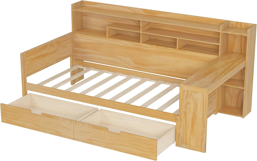 LUMISOL Twin Size Daybed with Storage Shelves & Drawers, Wooden Day Bed with Built-in Desk, Space Saving Corner Bed Frame for Living Room, Guest Room, No Box Spring Needed, Natural