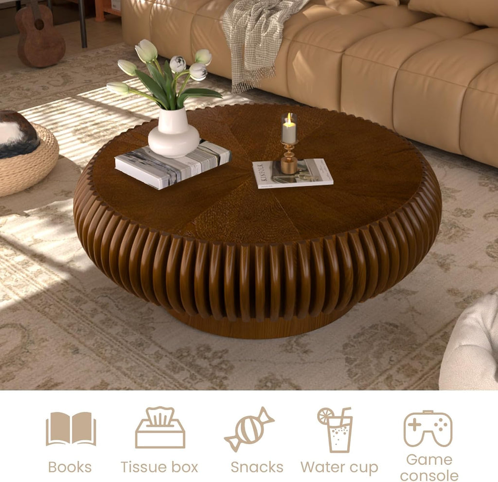 Fluted Drum Coffee Table Round Coffee Table for Living Room Mid Century Modern Coffee Tables with Sturdy Pedestal Circle Center Tea Table Accent Tea Table for Small Space Apartment (31.5' Walnut)