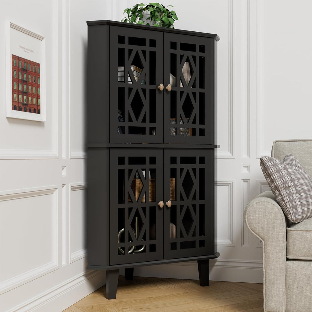 Scurrty Tall Corner Shelf Stand, Large Shelf Corner Table Sideboard Cabinet with 4 Doors and 4-Tier Shelves, Free-Standing Storage Organizer for Living Room, Dining Room & Bathroom (Black)