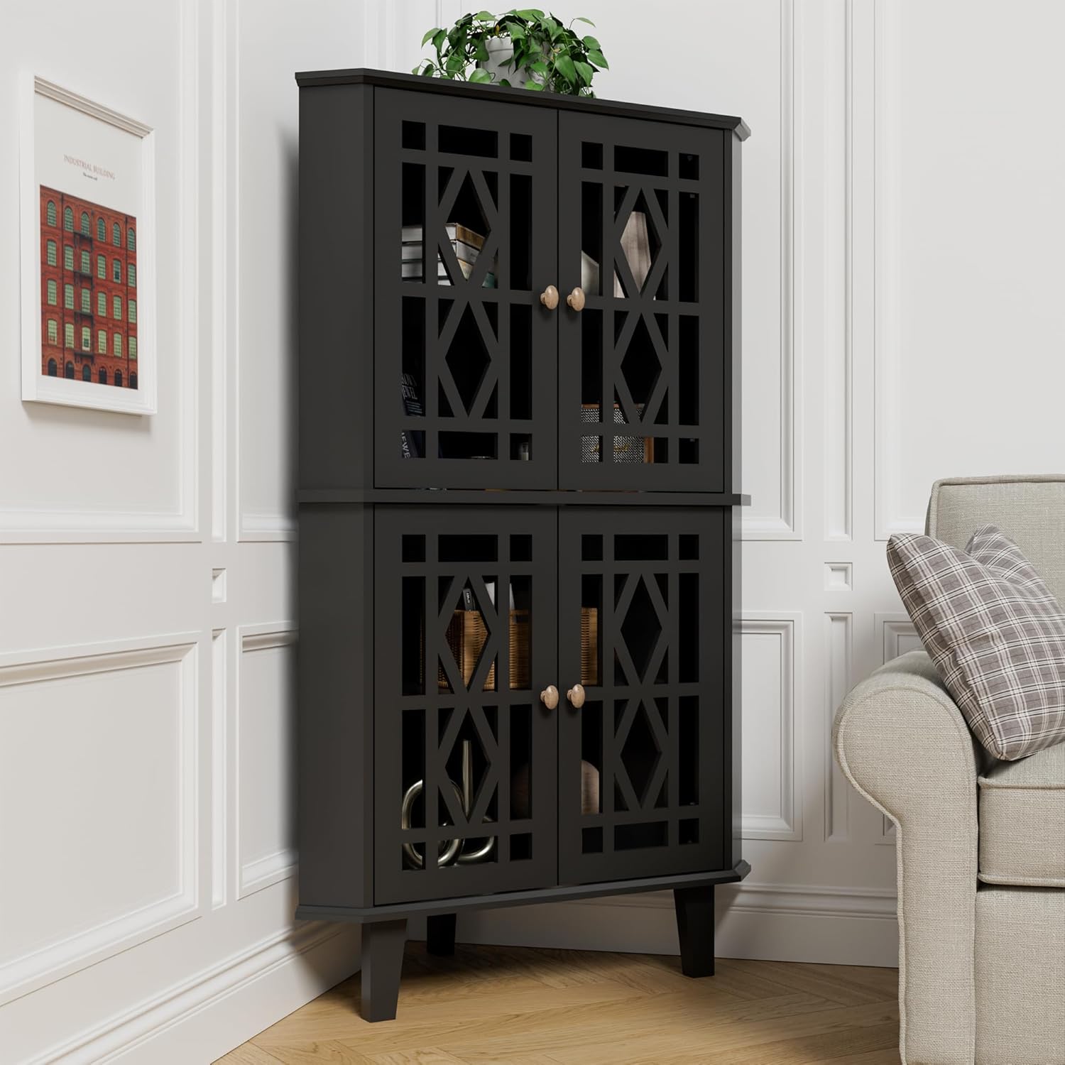 Scurrty Tall Corner Shelf Stand, Large Shelf Corner Table Sideboard Cabinet with 4 Doors and 4-Tier Shelves, Free-Standing Storage Organizer for Living Room, Dining Room & Bathroom (Black)