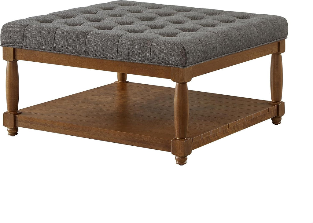 GDFStudio Large Square Upholstered Tufted Linen Ottoman Coffee Table with Solid Wood Frame and Open Storage Shelf, Nailhead Trim Accent Footrest for Living Room, Granite