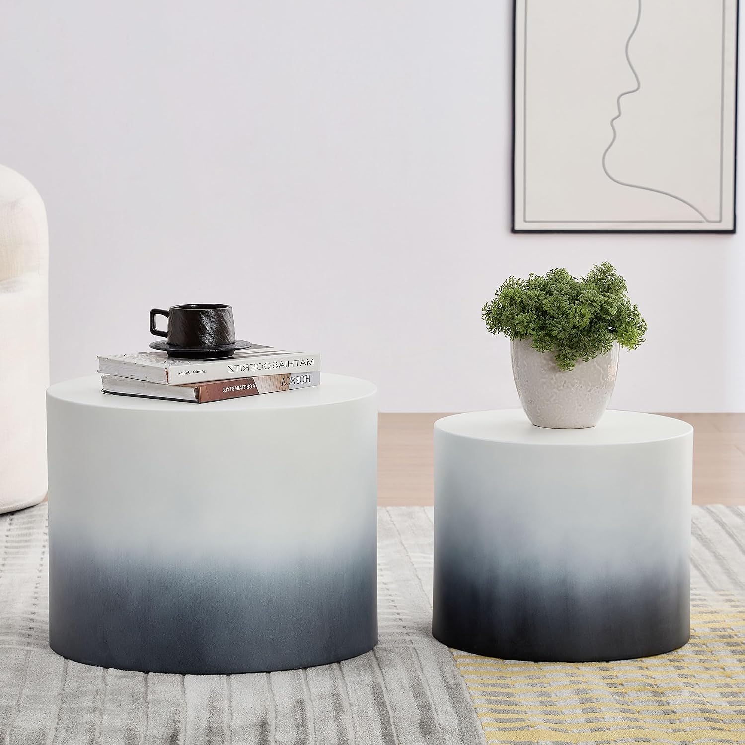 Round Coffee Table Set of 2, Nesting Coffee Table and End Table Set Wood Small Circle Drum Side Table for Living Room Office, No Assembly,Black&White