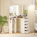 LOKO Corner Makeup Vanity Desk, Makeup Dresser Table with 3 Color Lighting, Power Outlets, 5 Drawers, Shelves, Makeup Vanity Set for Bedroom, Cloakroom (White)