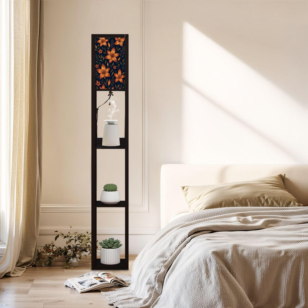 Floor Lamp with Shelves Watercolor Made Tiger Lilies Wild Herbs Standing Tall Lamp USB Ports & Power Outlet Modern Corner Lamp Nightstand Light for Living Room Bedroom