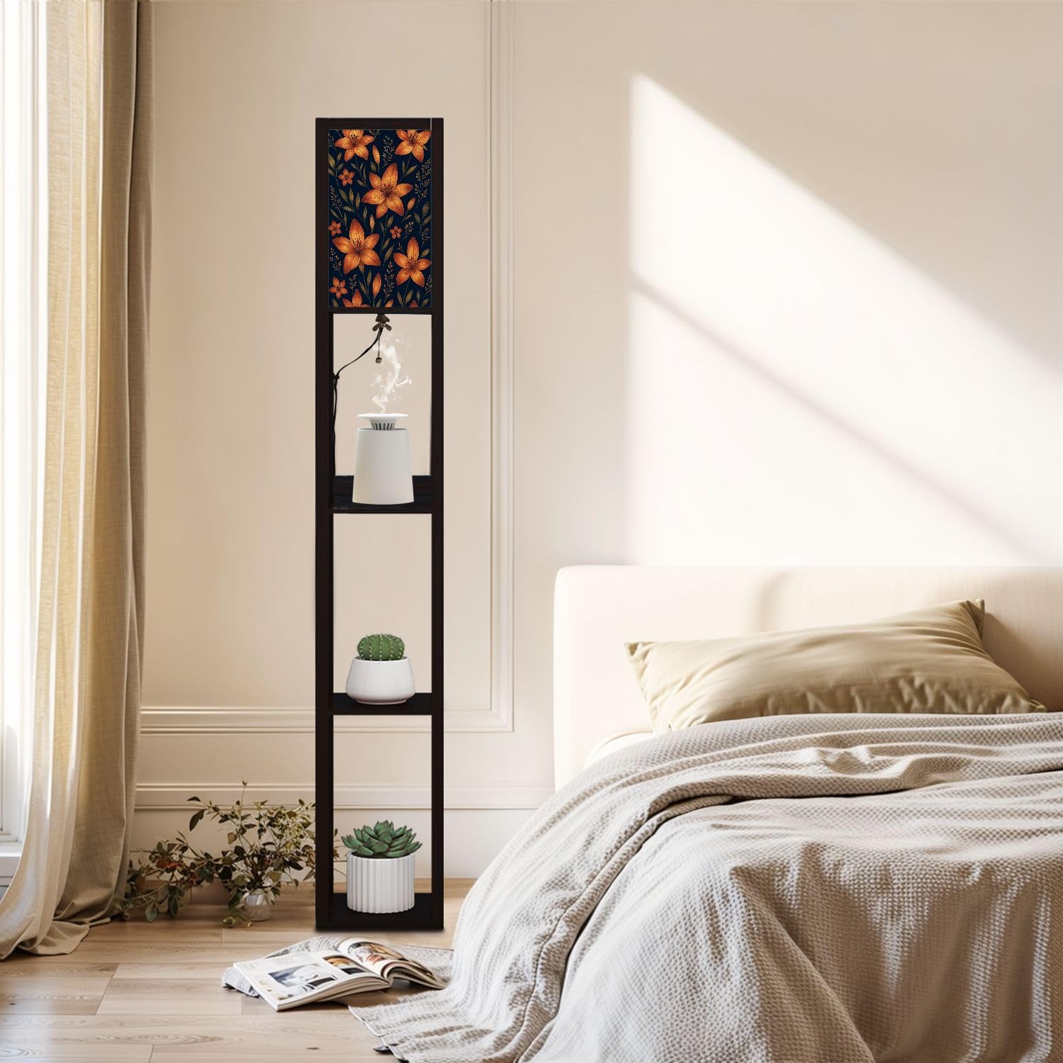 Floor Lamp with Shelves Watercolor Made Tiger Lilies Wild Herbs Standing Tall Lamp USB Ports & Power Outlet Modern Corner Lamp Nightstand Light for Living Room Bedroom