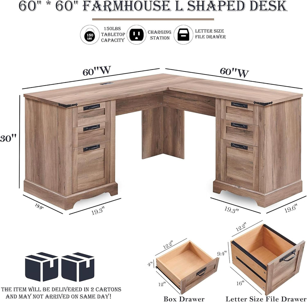 RedLemon 60' Farmhouse L Shaped Executive Desk, Rustic Oak | Home Office Corner Desk, Charging Station, Storage Cabinet, File Drawer, 3 Box Drawers, Rustic Computer Writing Desk