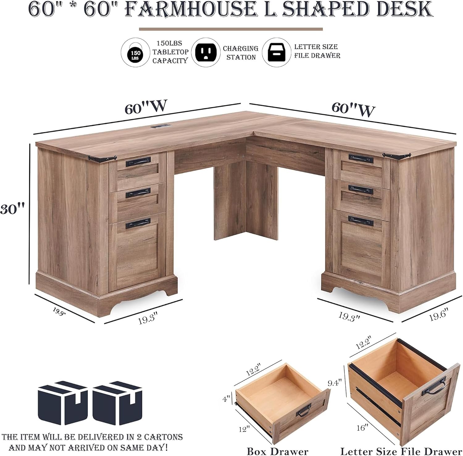 RedLemon 60' Farmhouse L Shaped Executive Desk, Rustic Oak | Home Office Corner Desk, Charging Station, Storage Cabinet, File Drawer, 3 Box Drawers, Rustic Computer Writing Desk