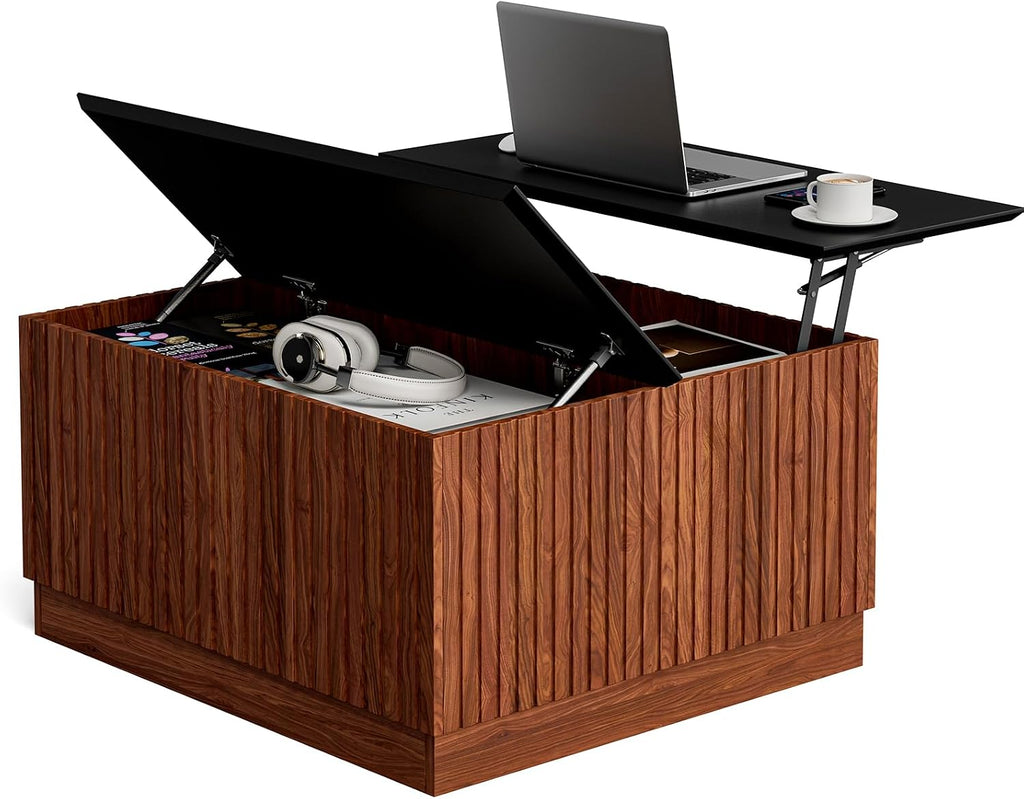 LCRBOL 31.5' Lift Top Coffee Table with Storage, Mid-Century Coffee Tables for Living Room, Square Dining Table with Large Hidden Storage Compartment & Adjustable Shelves, Walnut & Black
