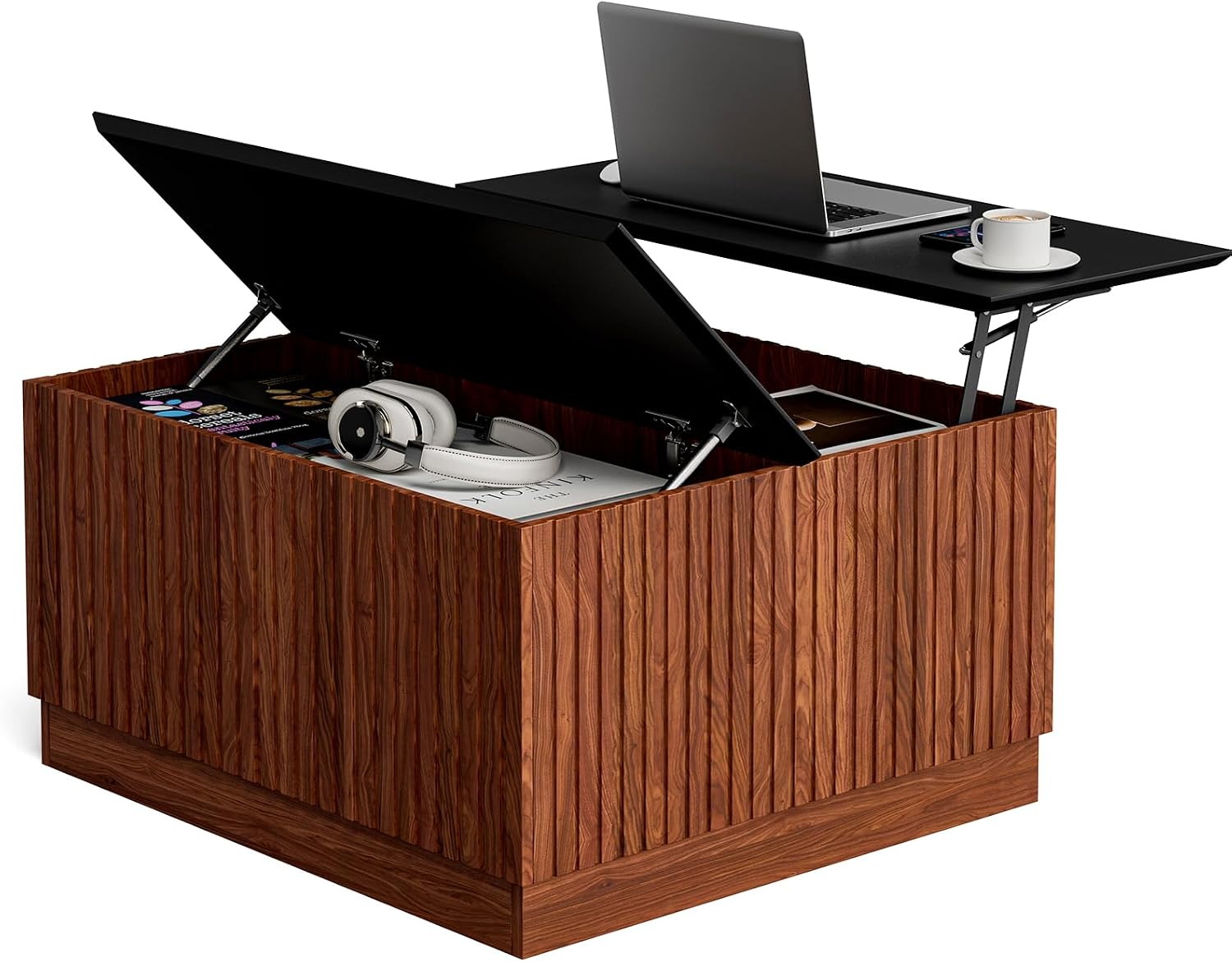 LCRBOL 31.5' Lift Top Coffee Table with Storage, Mid-Century Coffee Tables for Living Room, Square Dining Table with Large Hidden Storage Compartment & Adjustable Shelves, Walnut & Black