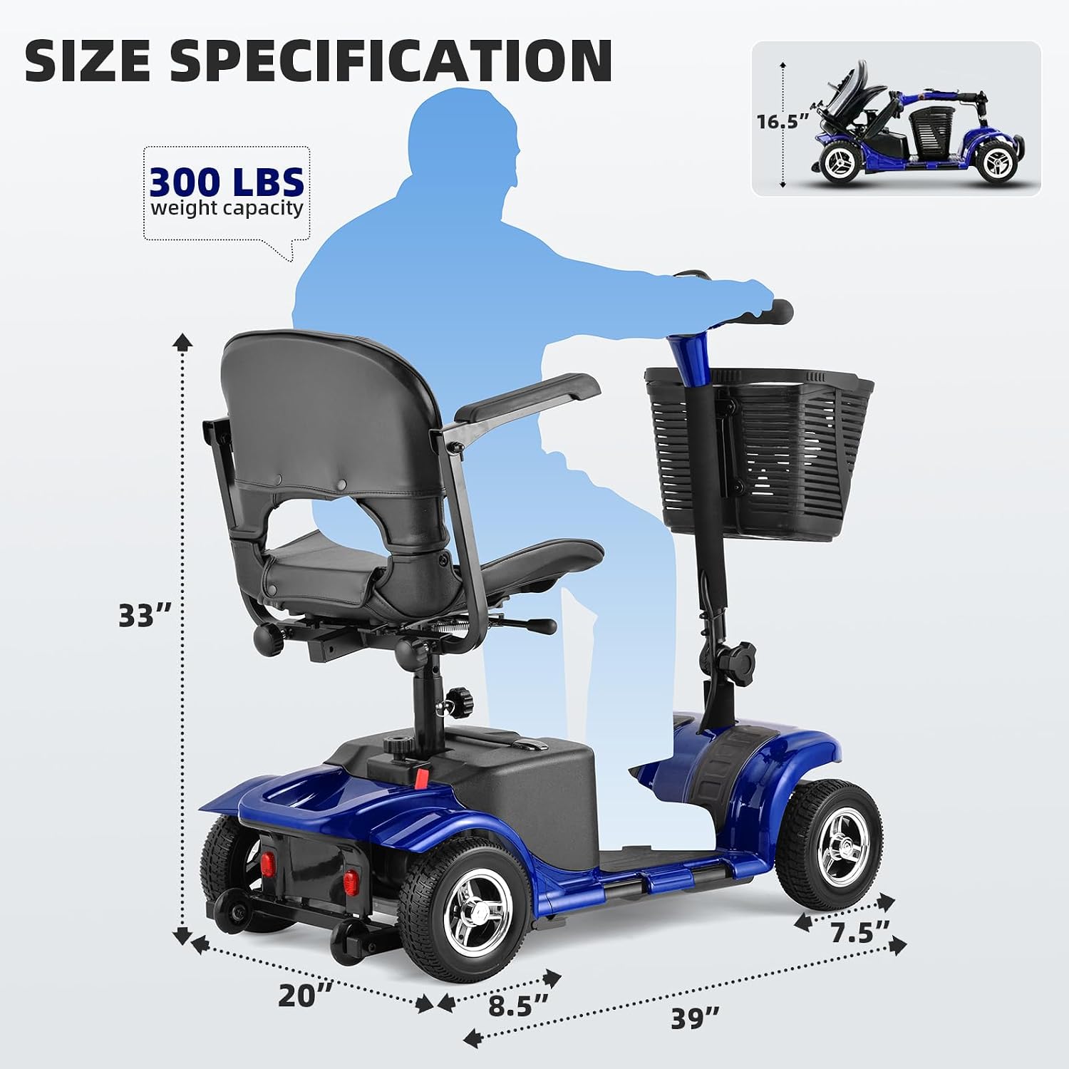SUNDERWELL Mobility Scooters for Seniors & Adults, Compact Foldable Mobility Scooter with Tool-Free Disassembly, 15 Miles Electric Powered Mobility Scooters with 300 lb Capacity & USB Port (Blue)