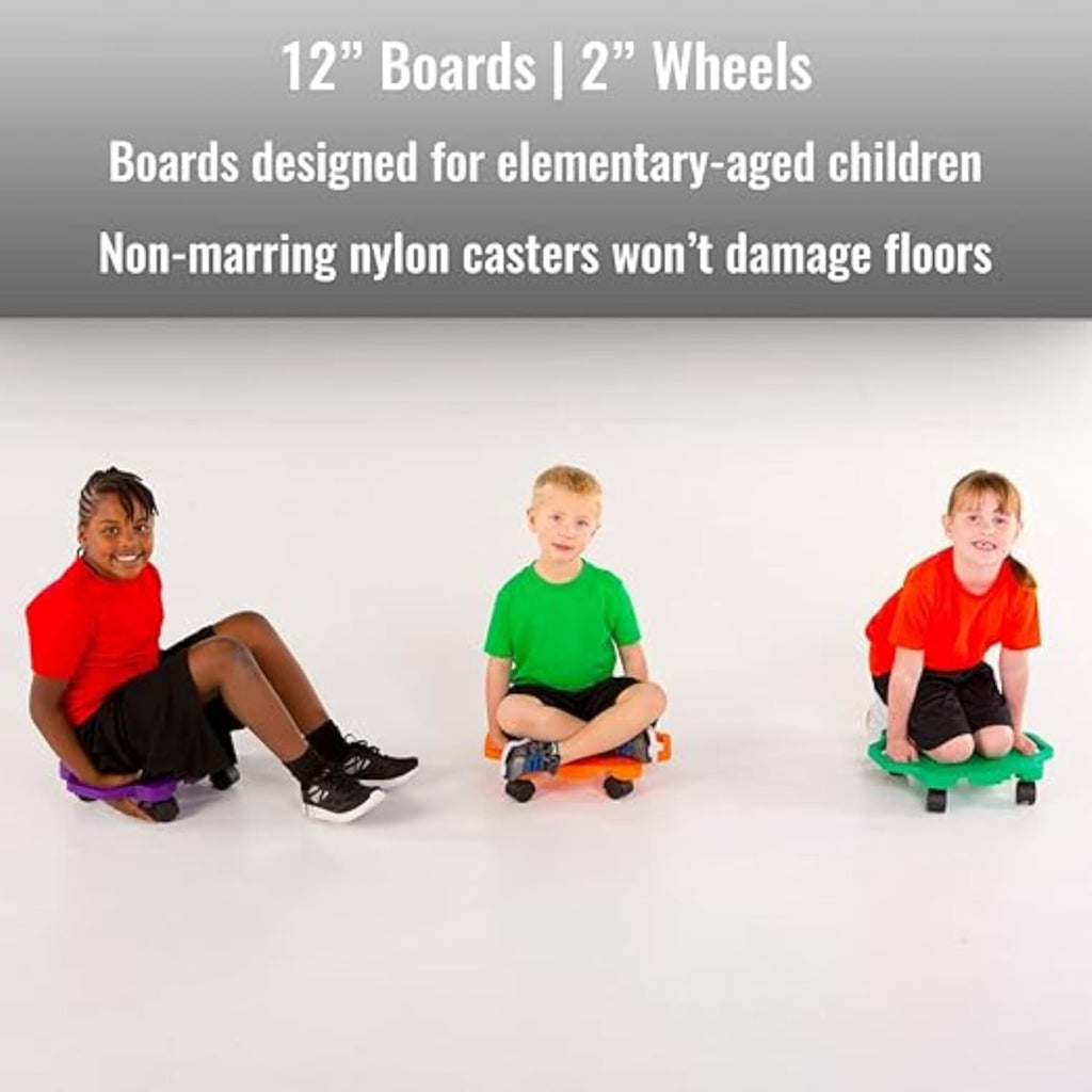 6 Count, Cosom Scooter Board Set, 12' Children's Sit & Scoot Board with 2' Non-Marring Nylon Casters & Safety Guards for Physical Education Class, Sliding Boards with Safety Handles, Assorted Colors