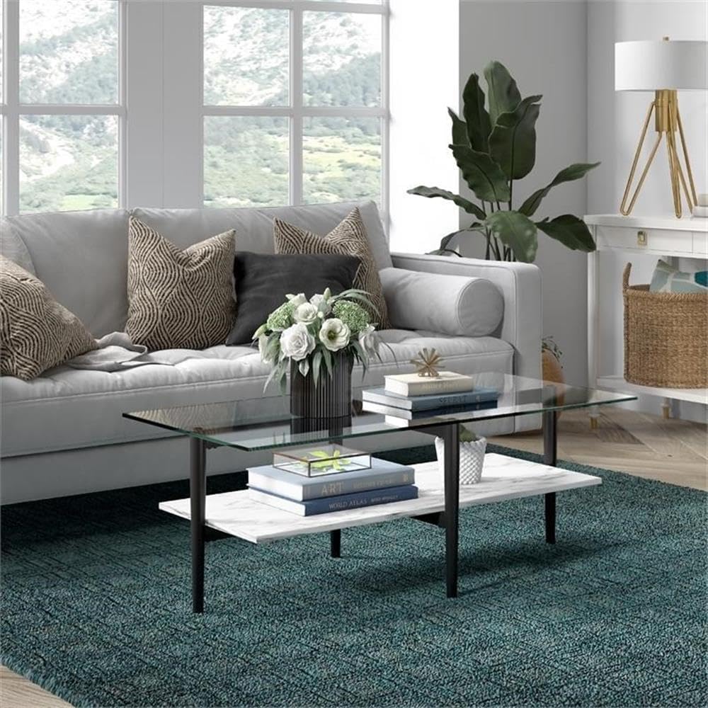 Otto 47'' Wide Rectangular Coffee Table with Faux Marble Shelf in Blackened Bronze/Faux Marble