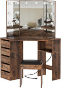 Corner Vanity Desk with Mirror and Led Lights - Makeup Table with 5 Drawers, Shelves, and Vanity Stool - Perfect for Bedroom or Bathroom, Brown