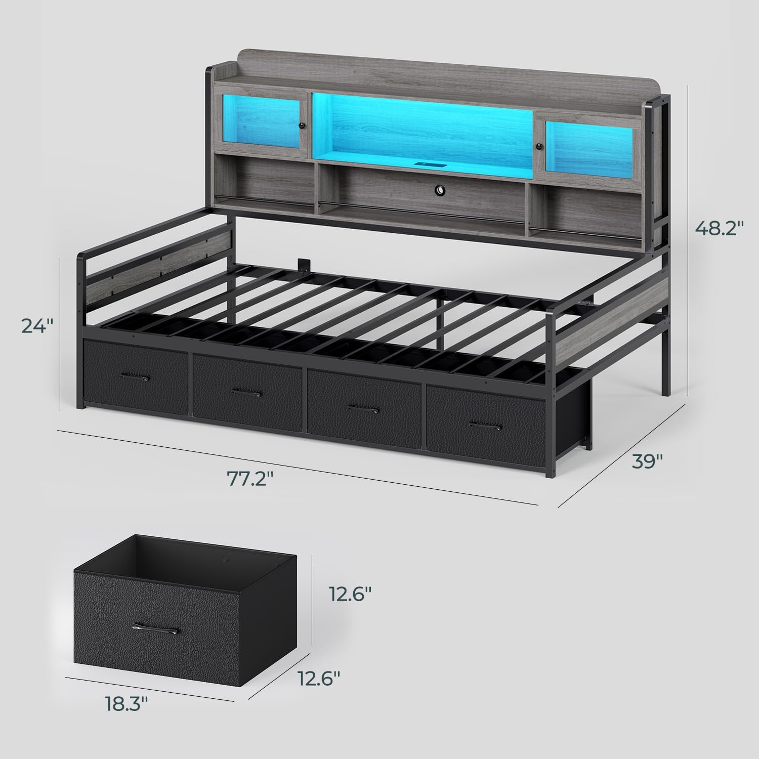 BTHFST Twin Daybed with 4 Storage Drawers & 3-Tier Bookshelf, Day Bed with RGB Lights & Charging Station, LED Corner Bed Frame with Storage Headboard for Bedroom, Living Room, Guest Room, Grey