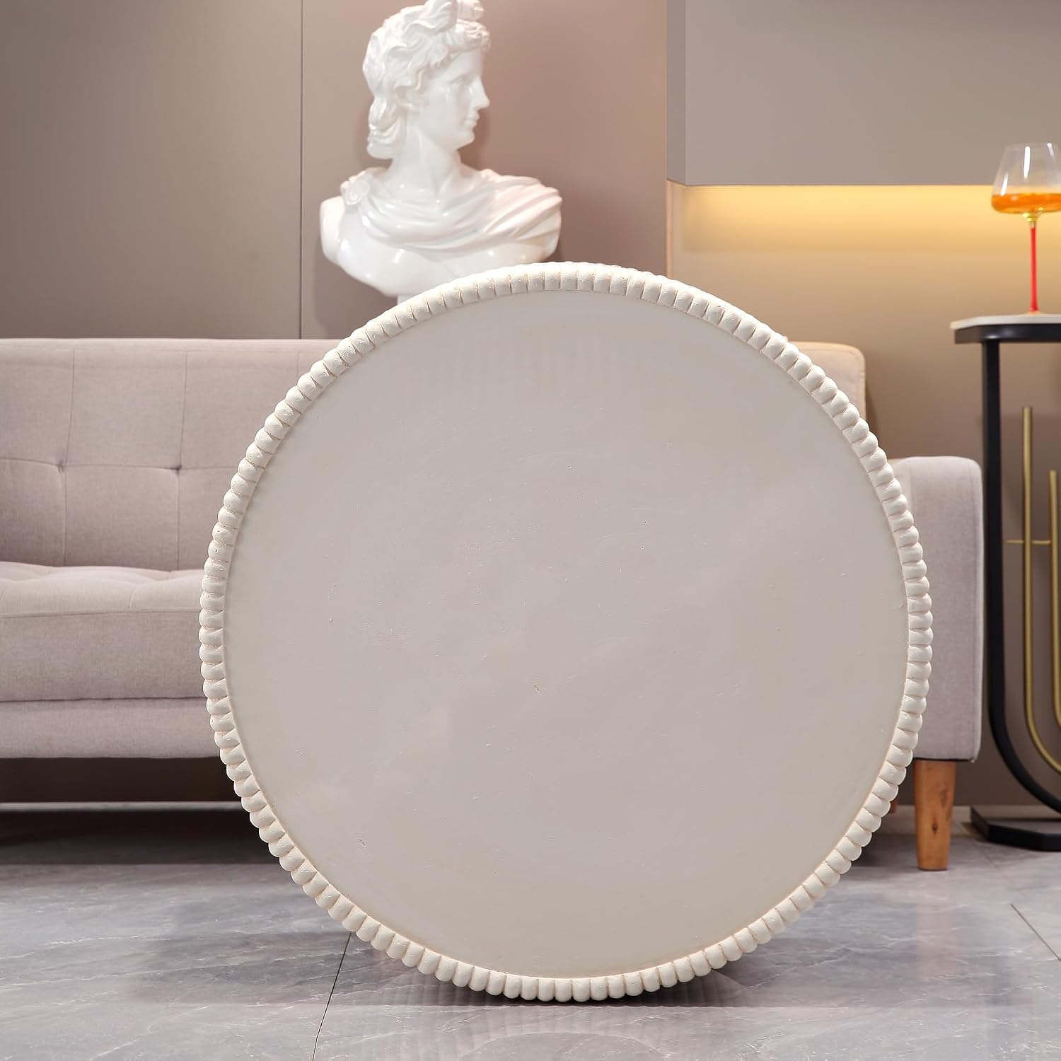 Off-White MGO Round Coffee Table for Indoors and Outdoors, 29.53' Mid-Century Modern Magnesium Oxide Fluted Drum Coffee Table, Circle Cocktail Tea Table for Living Room, No Assemble