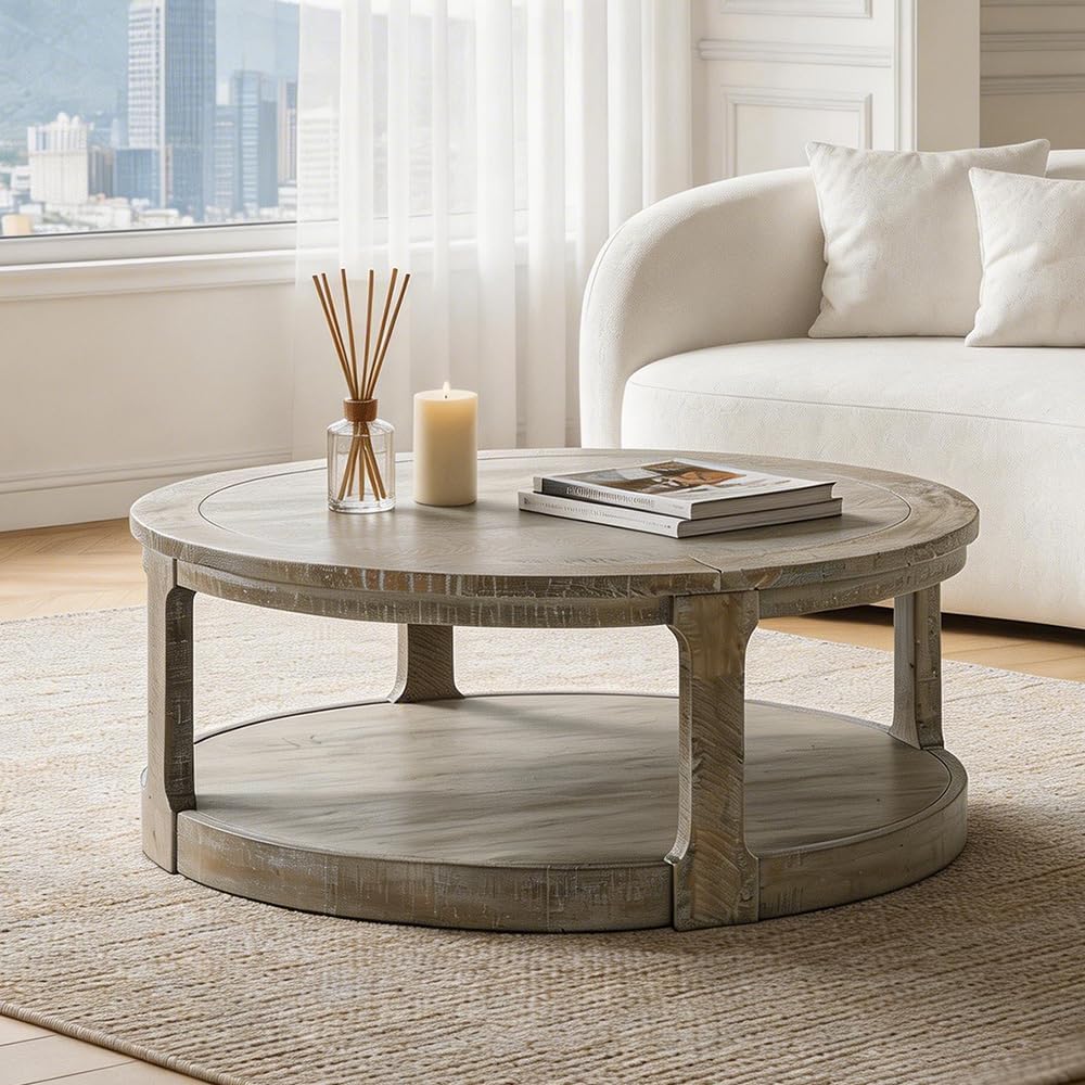 WILLIAMSPACE 40' Round Coffee Table with Wheels, Circle 2 Tier Solid Wood Center Coffee Table, Mid Century Retro Farmhouse Rounded End Table for Living Room Apartment, ø40 x 17.52' H (Light Brown)