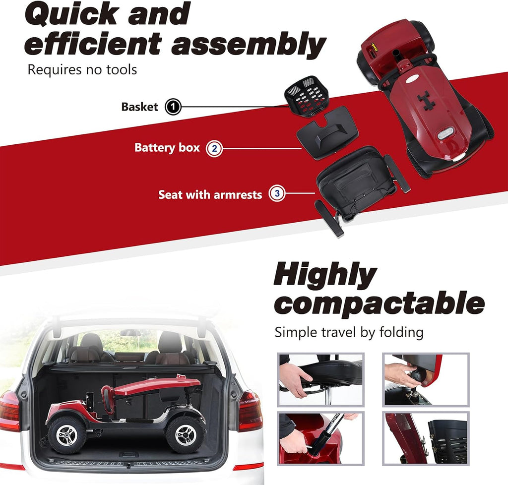 Mobility Scooters for Seniors & Adults 400 Lb Weight All Terrain,Heavy Duty 4-Wheel Powered Scooter,Foldable Mobile Disability Electric Wheelchair,Luxury Seat and Front Rear Led Lights,red