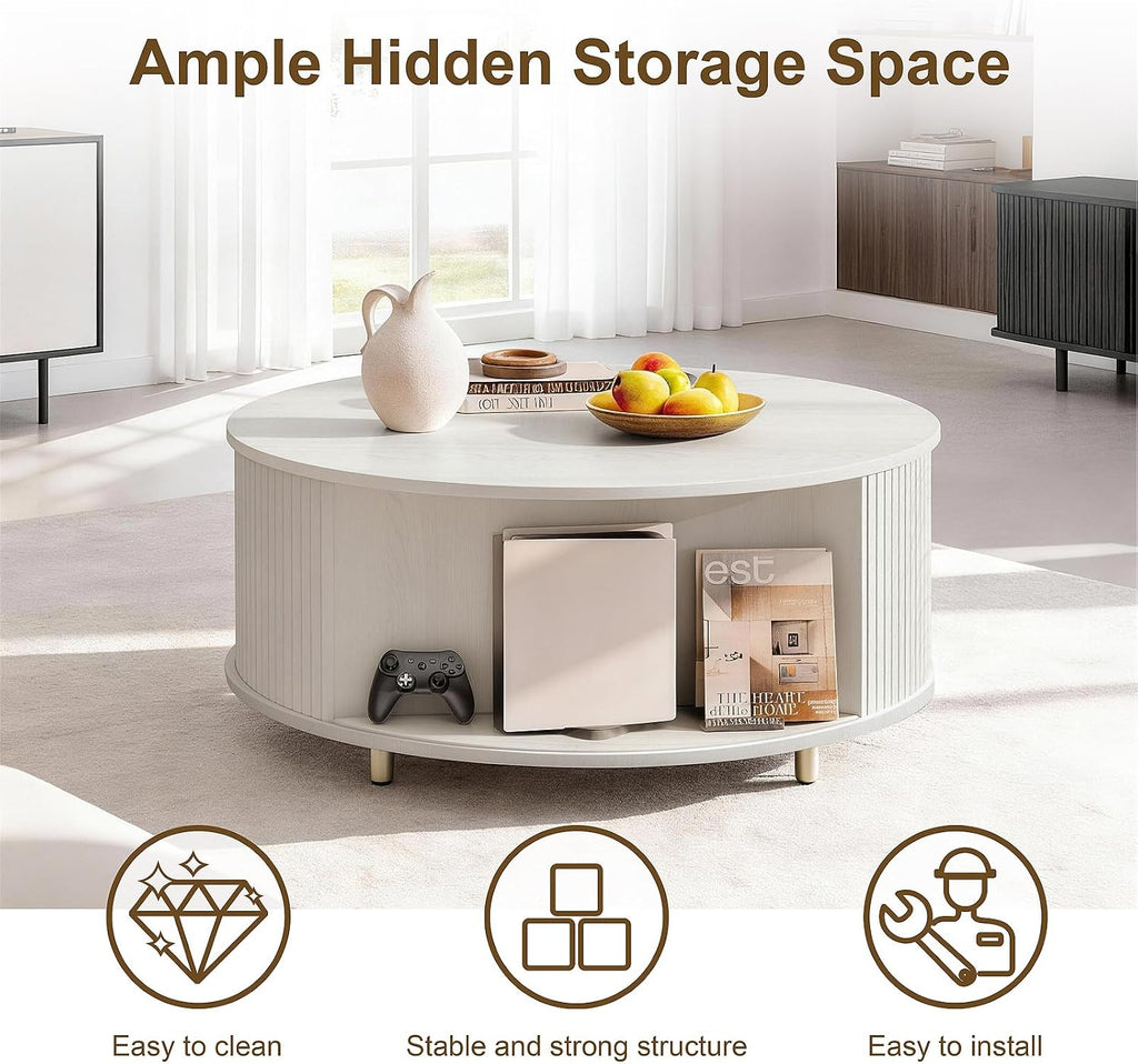 DHH Round Coffee Table, 31.5' Mid Century Modern Coffee Table with 360° Sliding Tambour Door, Fluted Accent Coffee Table with Storage Adjustable Footpads for Living Room(Grayish White)